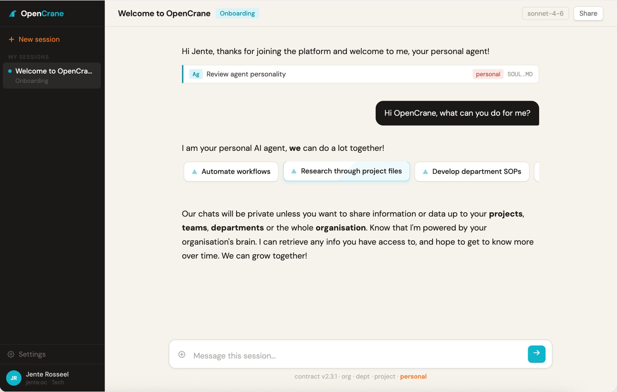 An OpenCrane employee assistant workspace welcoming a new user